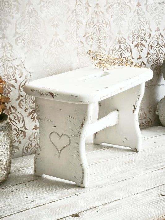 White Wood Step Stool Carved Heart, Rustic Farmhouse Plant Stand Bench