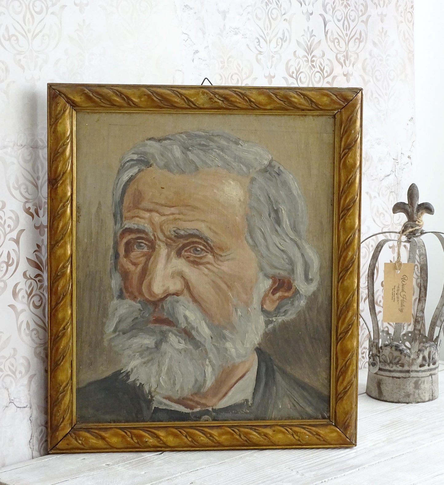 Giuseppe Verdi Antique Oil Painting, Framed Bearded Gentleman Male Portrait, Ornate Wood Frame, Italian Composer Signed Original Artwork