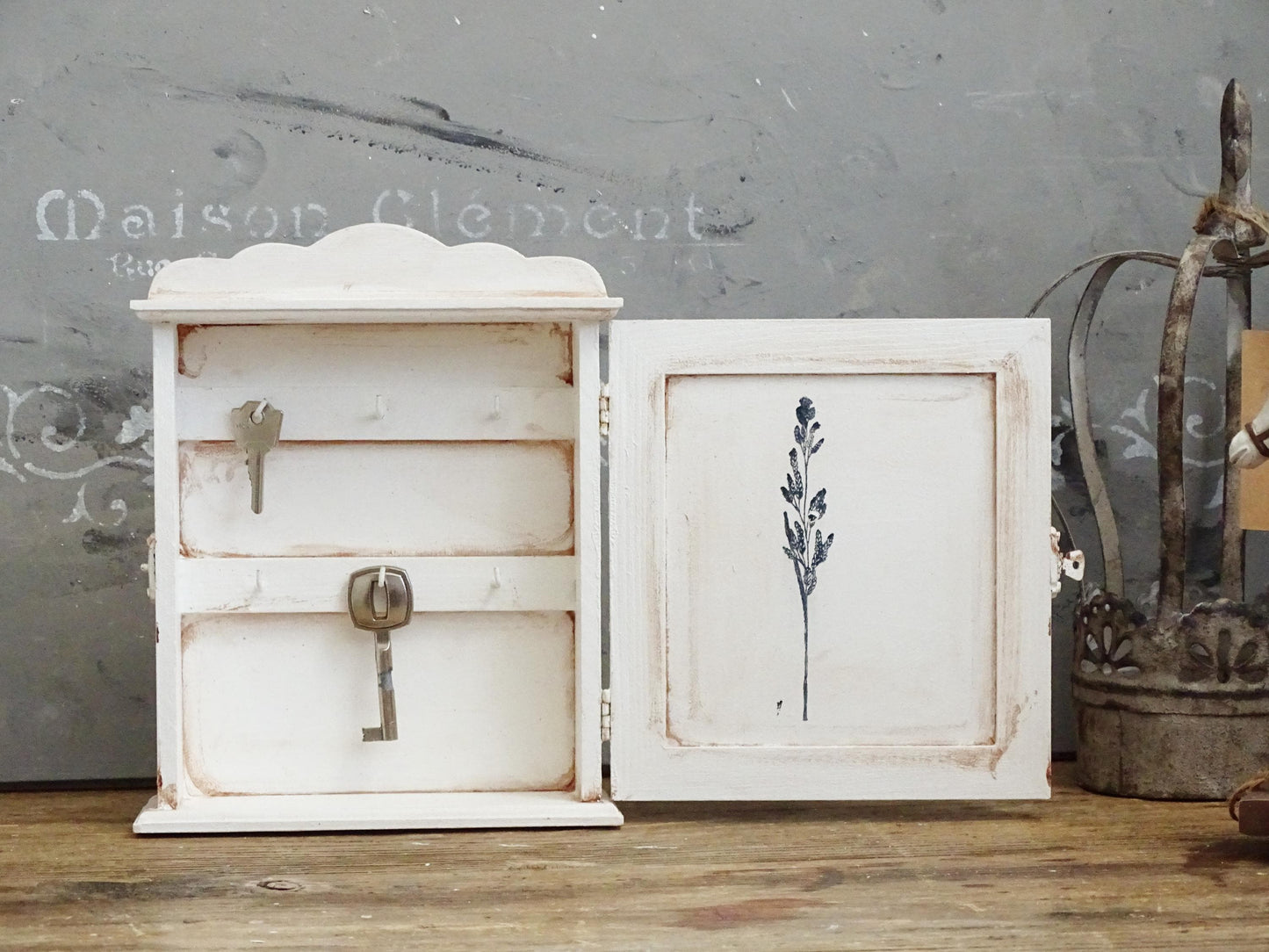 Shabby Chic White Wood Key Box: Wall Hanging Key Cabinet with Bird Motif