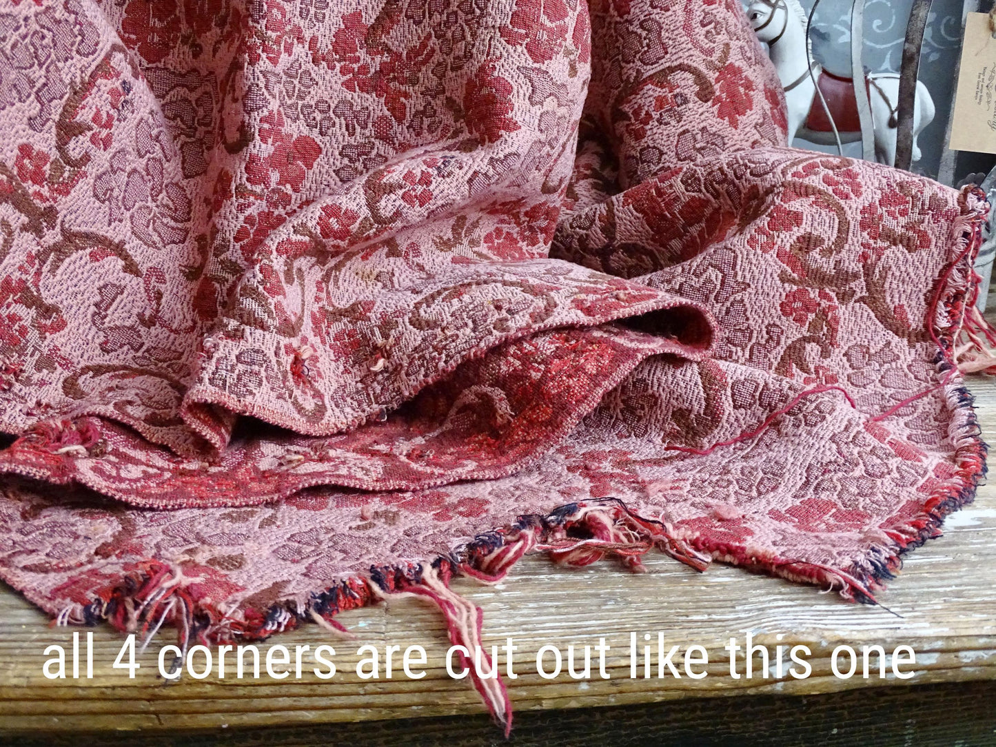 Maroon Pink Jacquard Floral Tapestry, Woven Cotton Summer Blanket, French Country Textile Wall Hanging