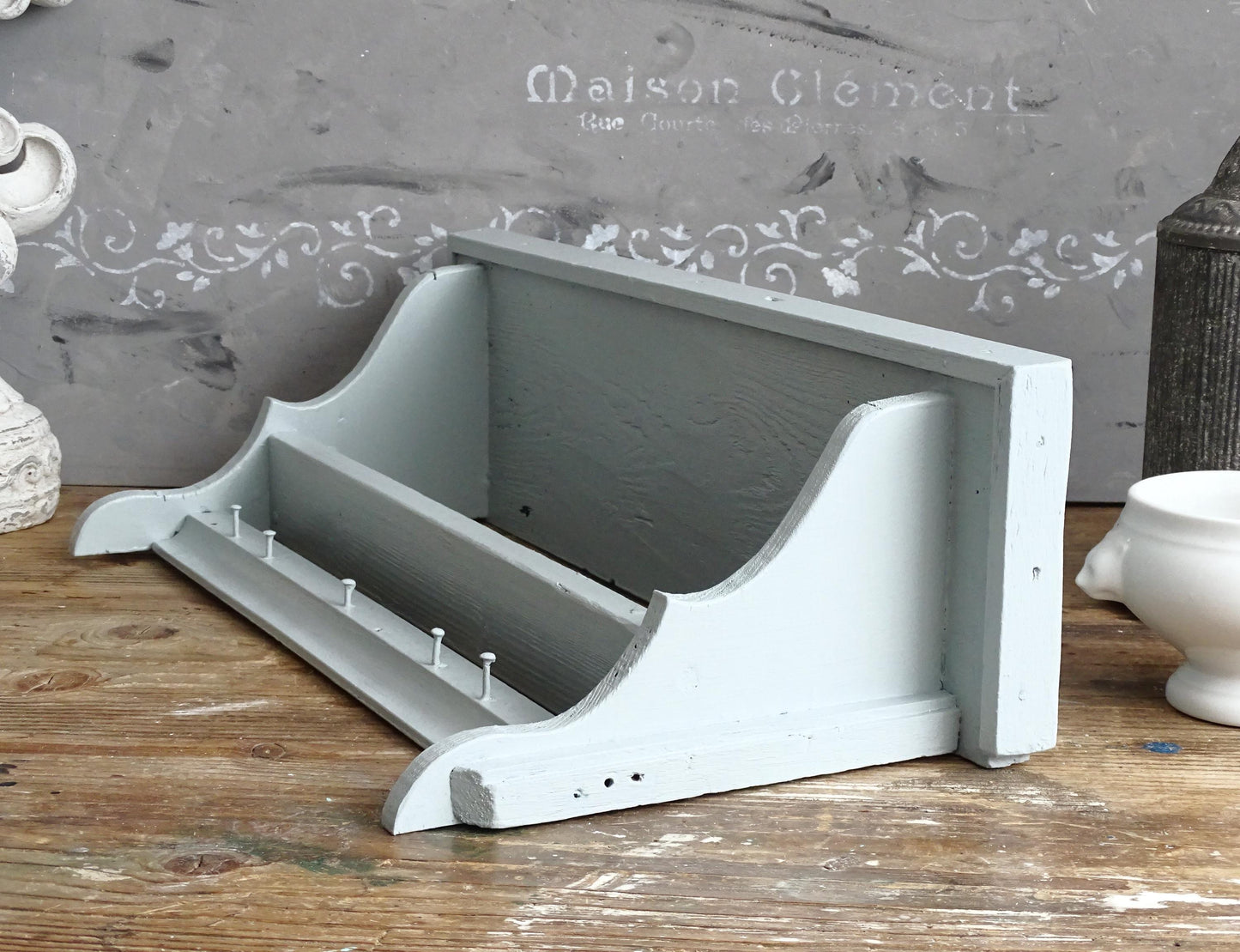Blue 2-Tier Wood Corbel Wall Shelf with Pegs: Shabby Chic Spice Rack