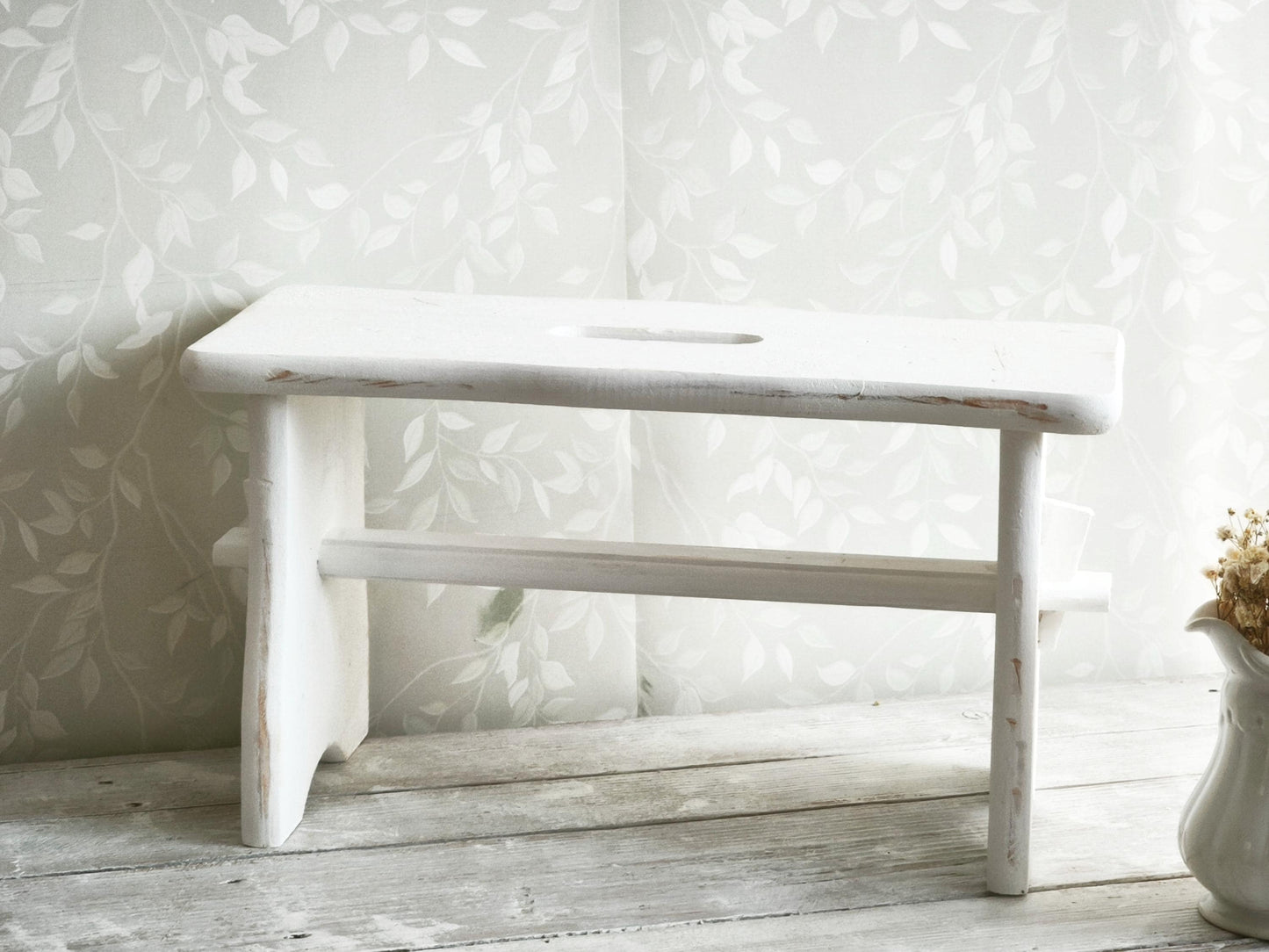 Primitive White Wood Step Stool: Rustic Modern Farmhouse Decor, Plant Stand