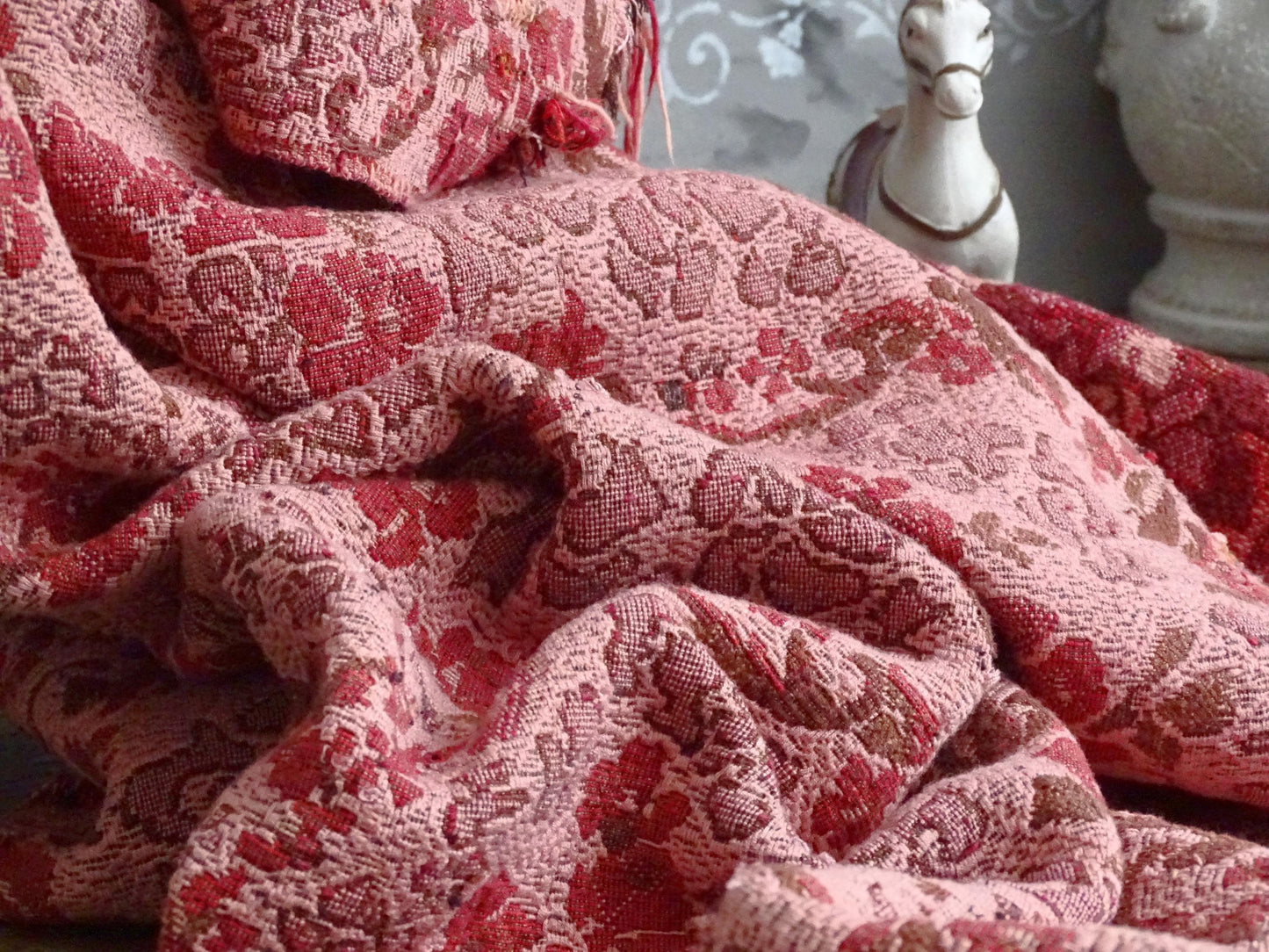 Maroon Pink Jacquard Floral Tapestry, Woven Cotton Summer Blanket, French Country Textile Wall Hanging
