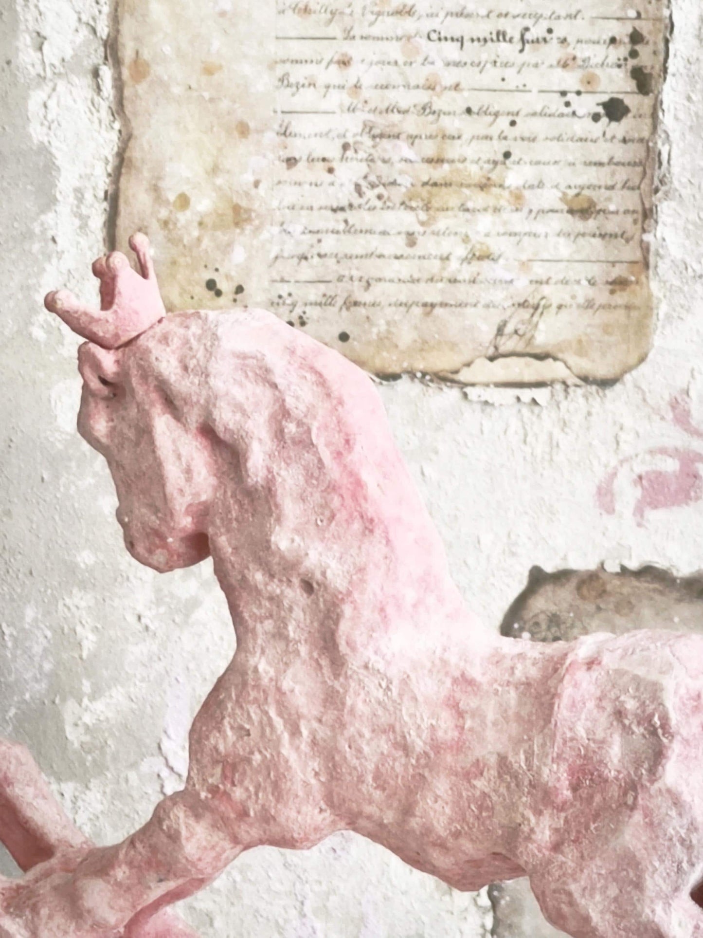 Pink Rocking Horse Figurine with Crown, Distressed Resin Sculpture, Shabby Chic Decor