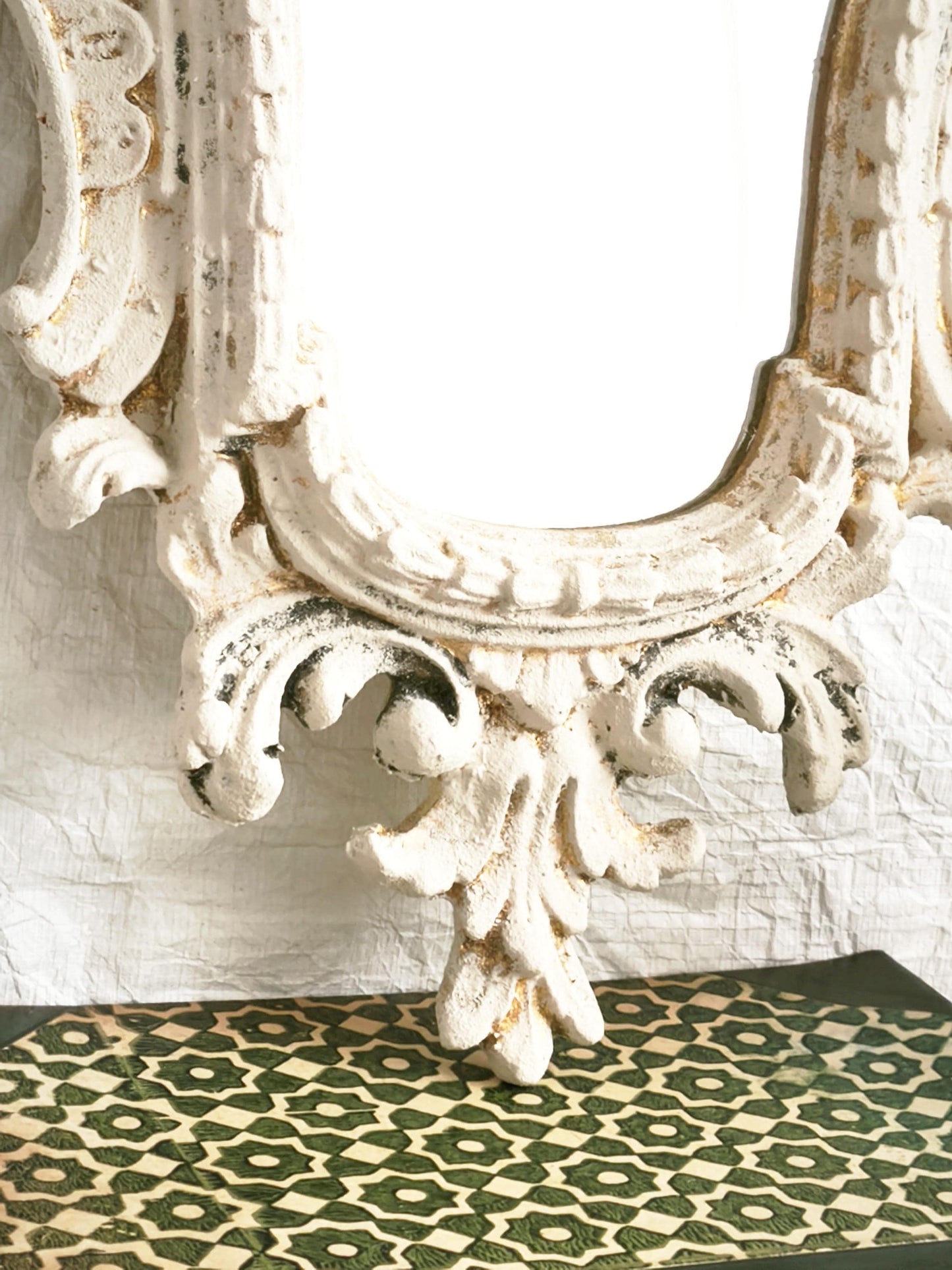 Large Carved Wood Wall Mirror, Framed Ornate Rocaille Distressed White Oval Vanity Boudoir Mirror, Statement Wall Decor