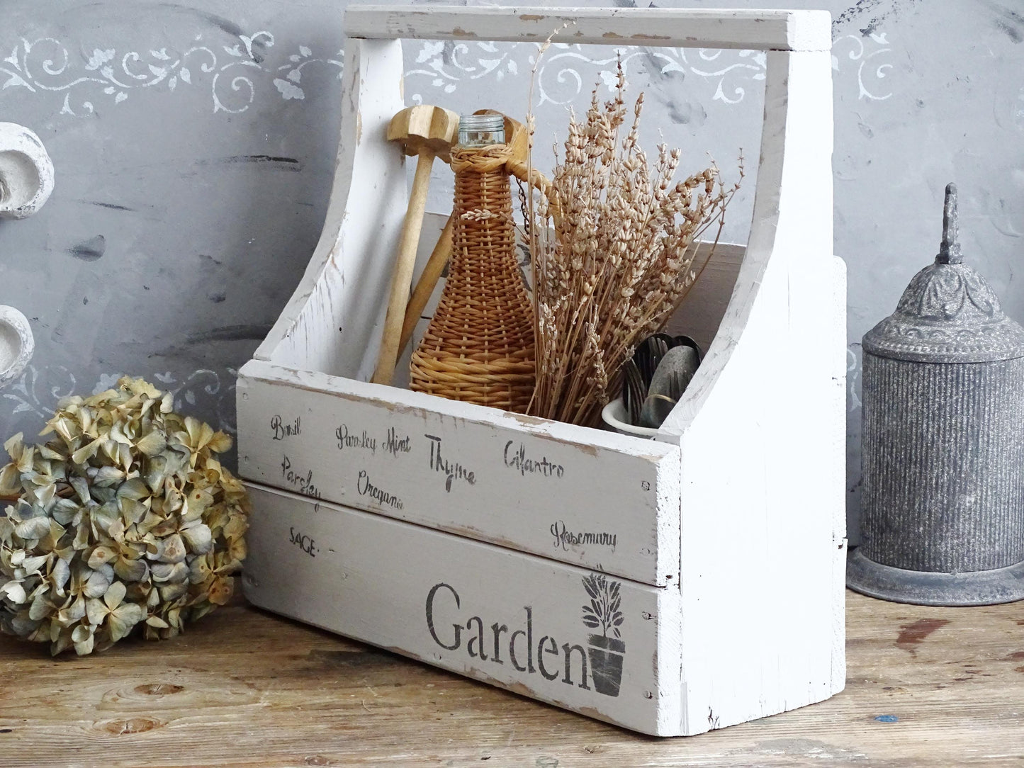 White Wood Toolbox with Handle, Caddy, Carpenter Tool Box, Garden Tote, Farmhouse Tool Carrier, Compartment Storage Box, Wood Trug Basket