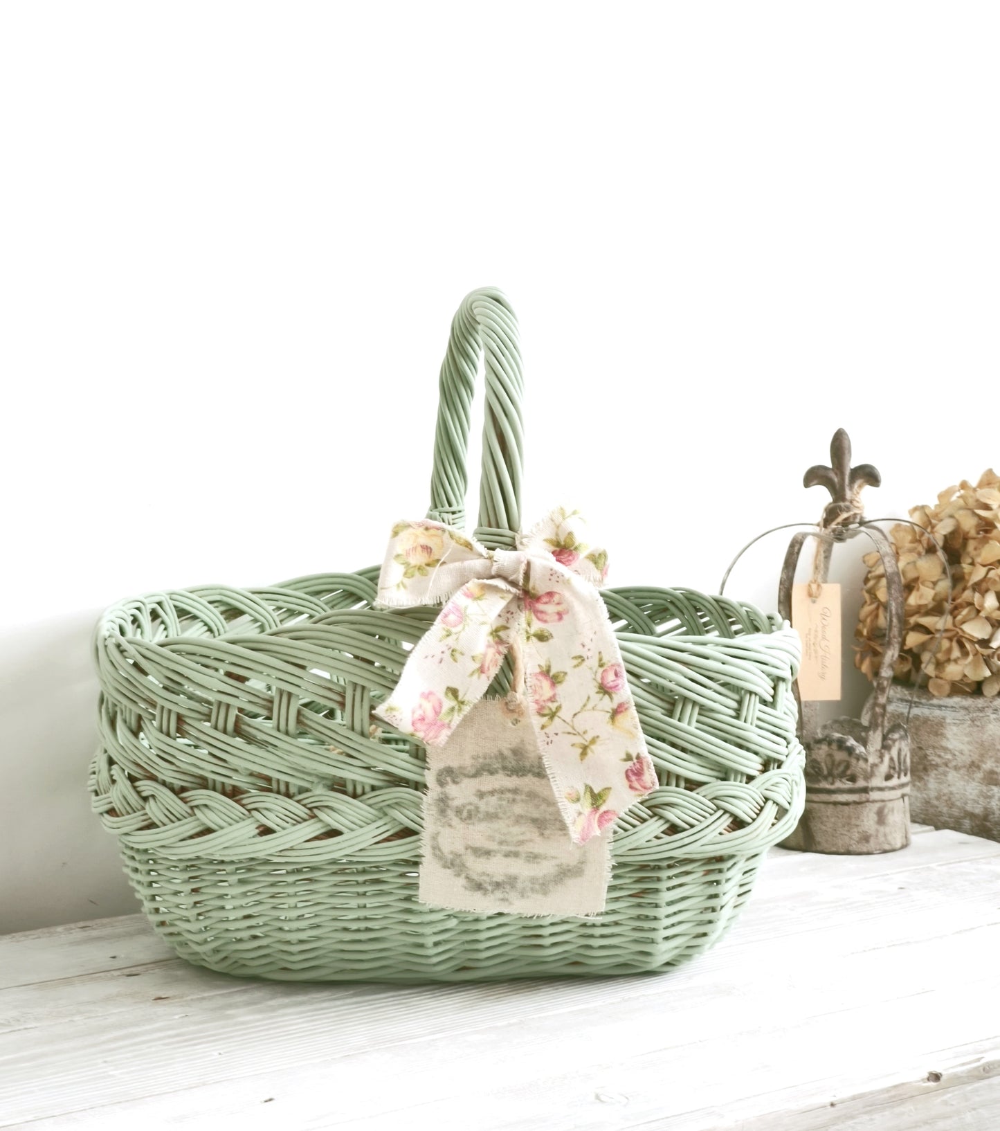 Green Wicker Market Basket with Bow