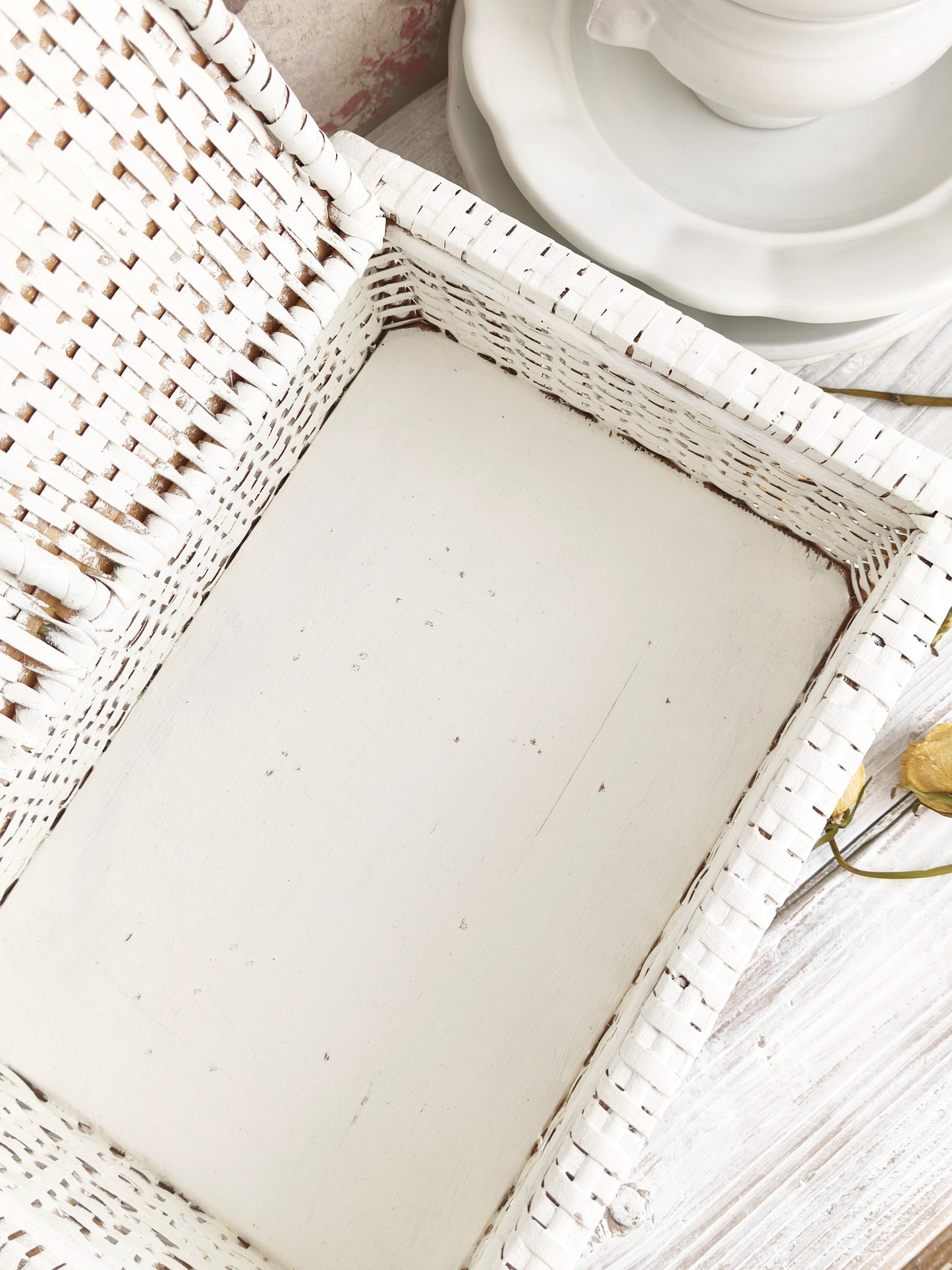 White Wicker Basket with Roses, Lidded Box