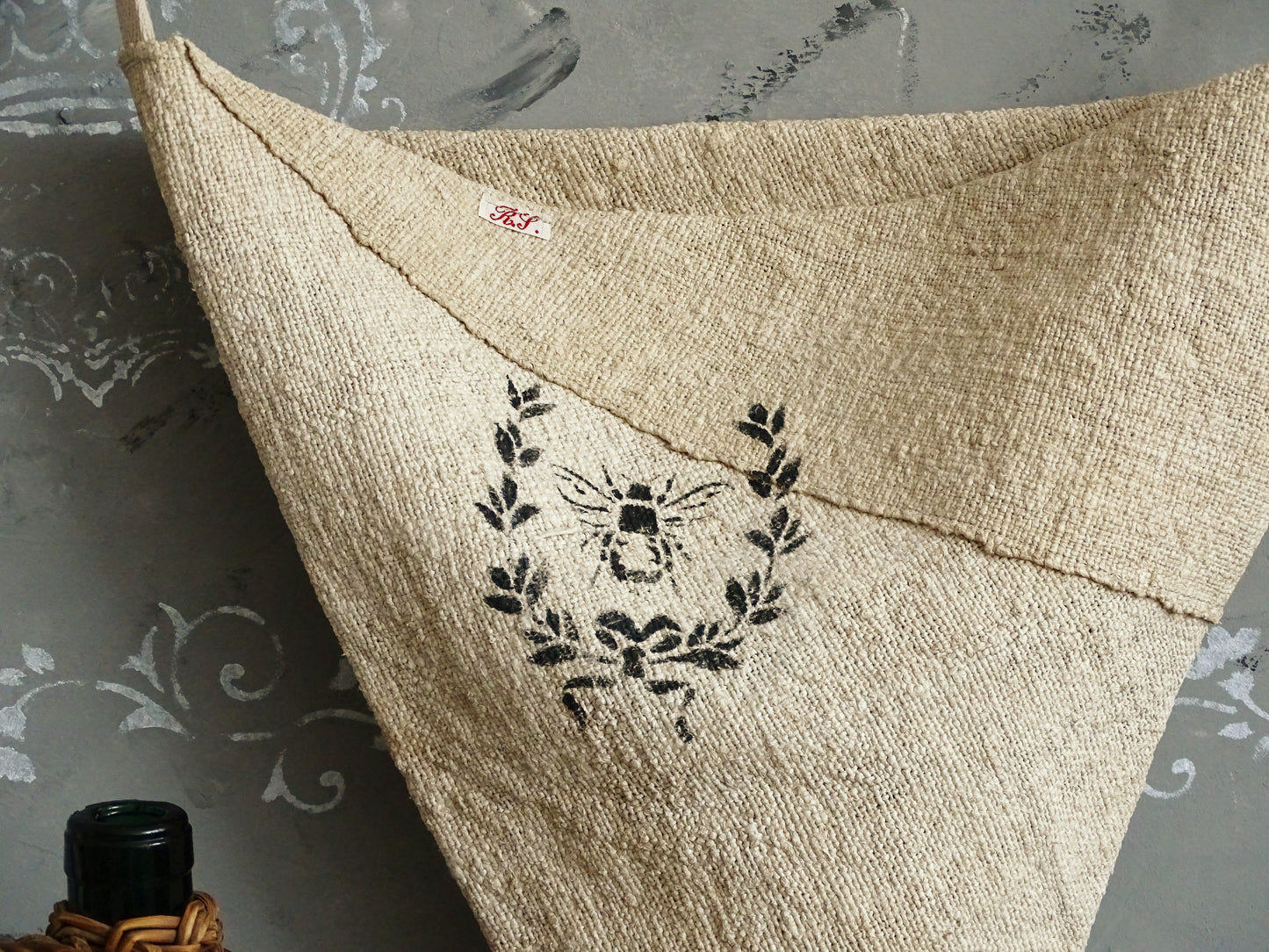 Cone Linen Wall Pocket, Antique Grain Sack Rustic Storage Bag