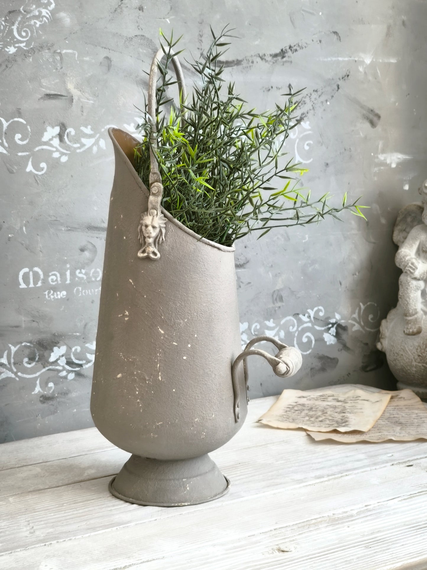Brass Ash Scuttle Faux Concrete Finish, Metal Pitcher Vase