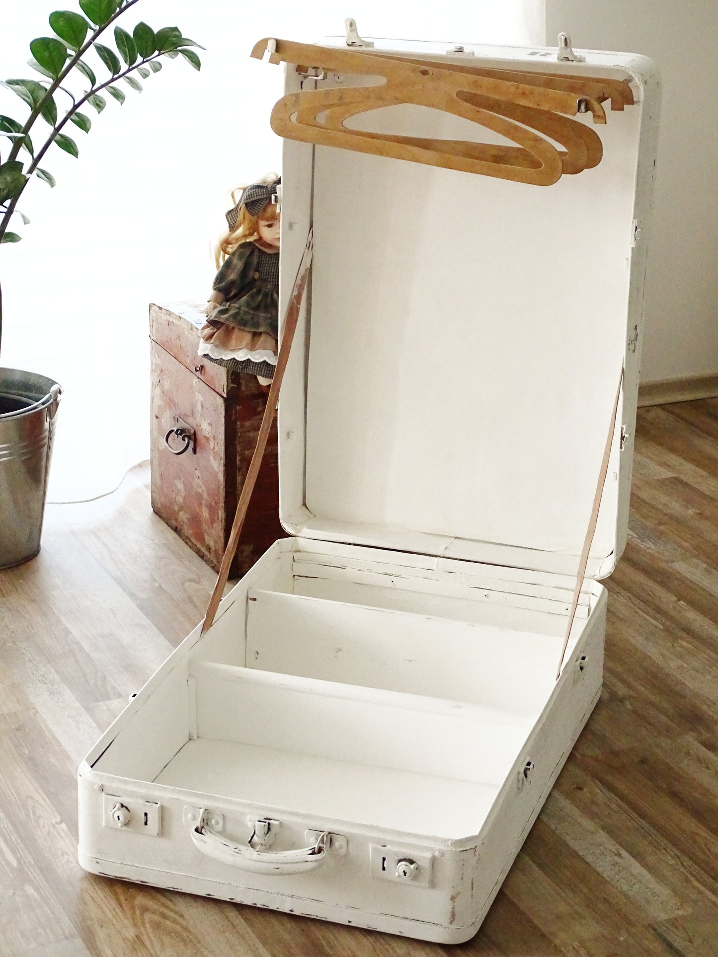 Antique White Wardrobe Travel Trunk, Large Suitcase
