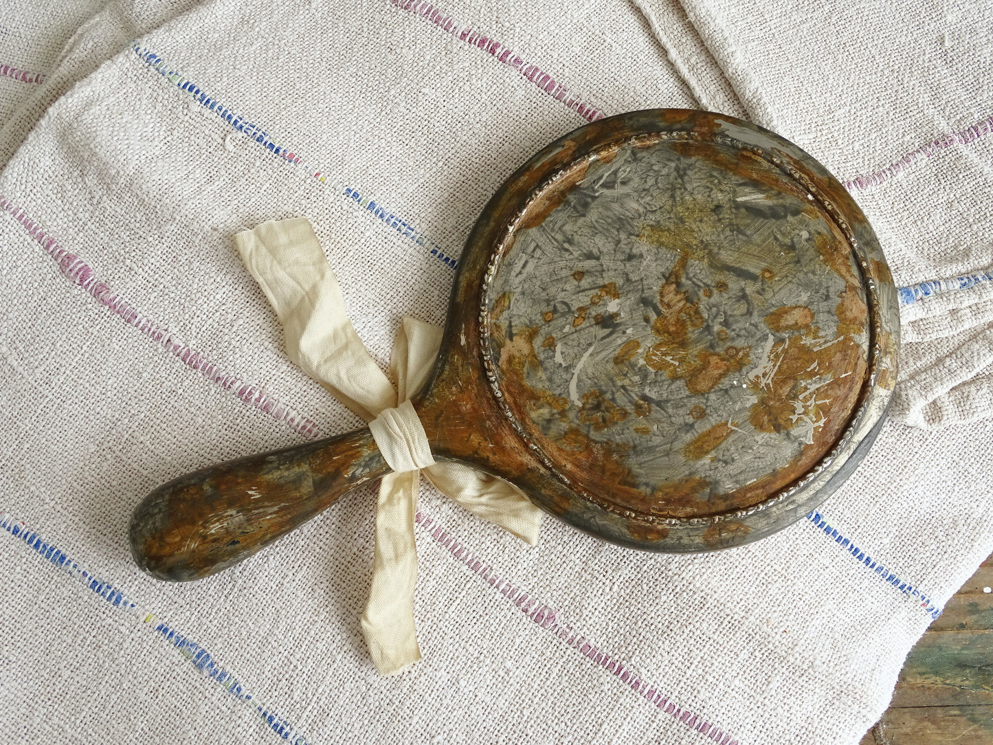 Aged Metal Hand Mirror with Bow, Makeup Mirror