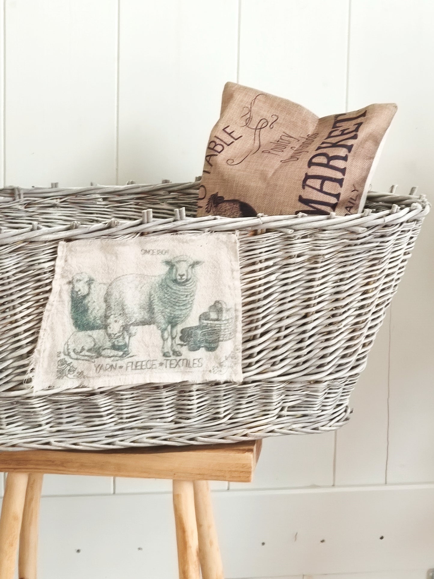 Large Wicker Basket Sheep Design, Rustic Laundry Hamper, Farmhouse Decor