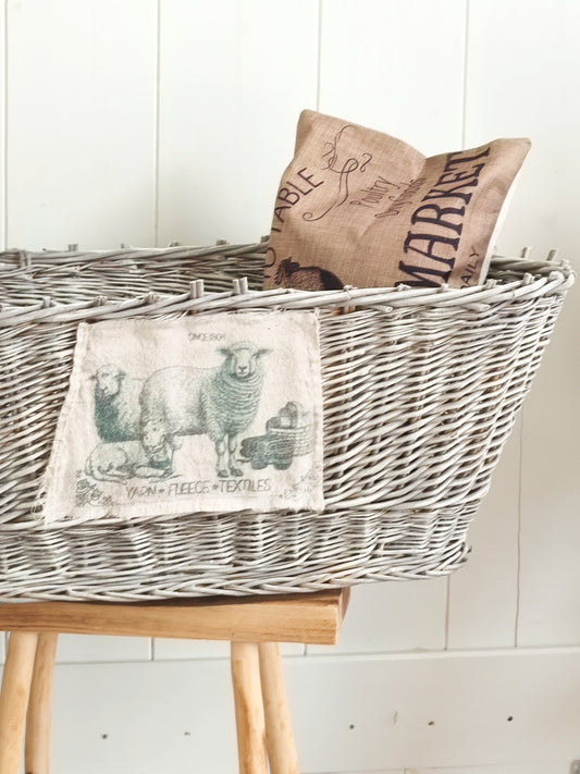 Large Wicker Basket Sheep Design, Rustic Laundry Hamper, Farmhouse Decor