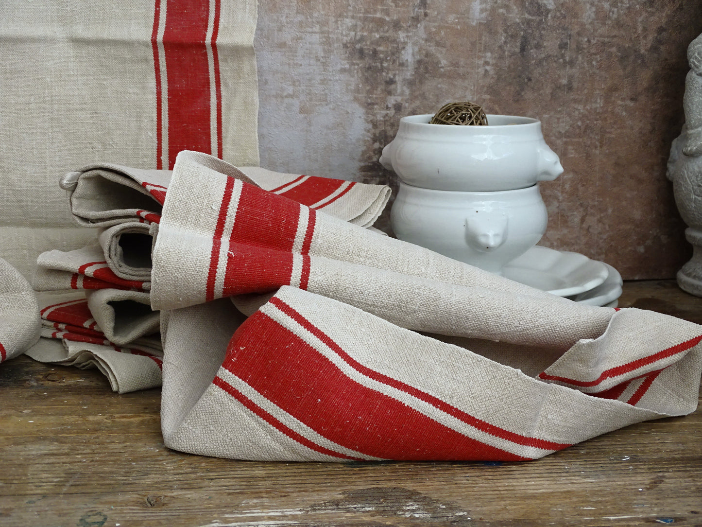 Set Of 2 Antique French Linen Tea Towels: Red Stripes, Unused 1900s Torchon