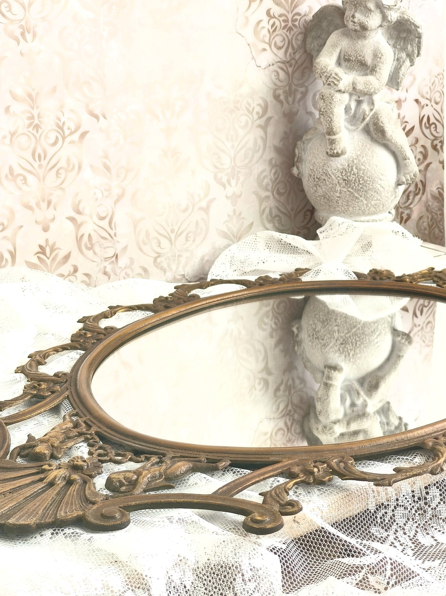 Large Antique Brass Wall Mirror With Cherubs, Oval Ornate Rocaille Design