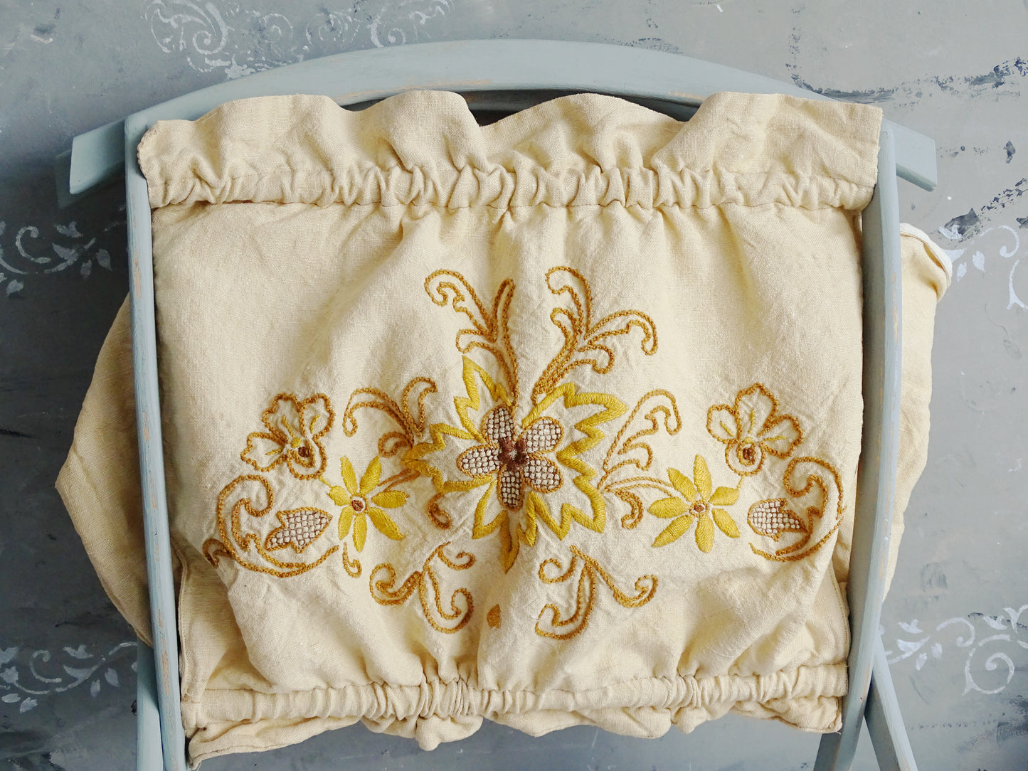 Vintage Blue Wood Magazine Rack With Ochre Beige Embroidery Floral Fabric