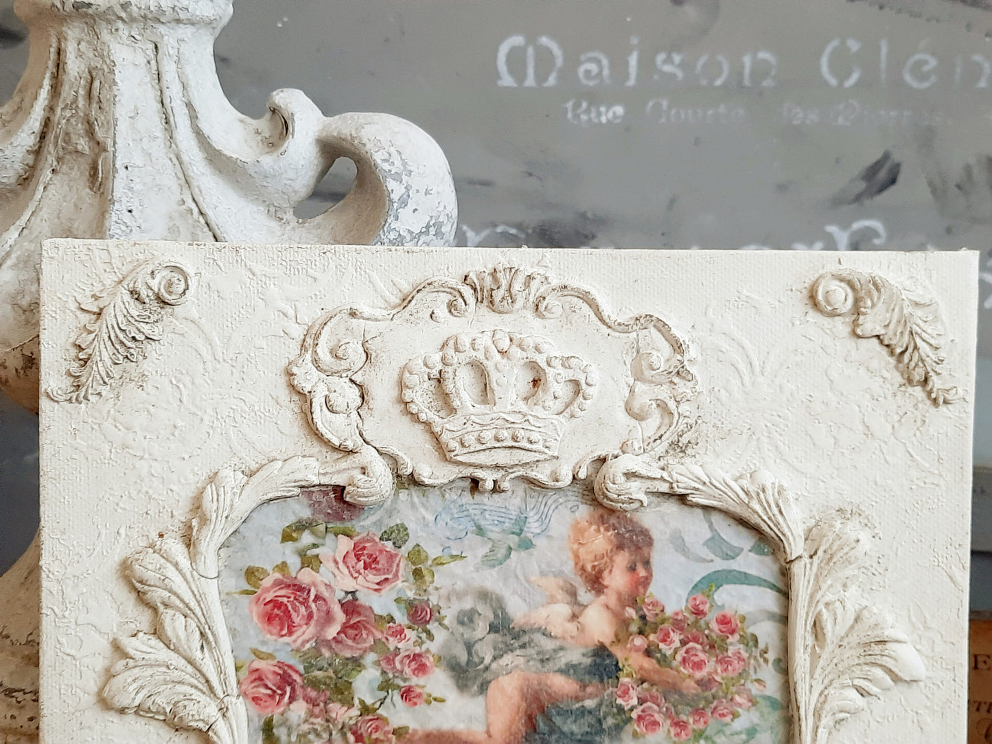 Putty Angel Cherub Wall Panel, French Decor, Cherub Picture, Shabby Chic Decor, Ornate Antique Style Cherub Wall Plaque
