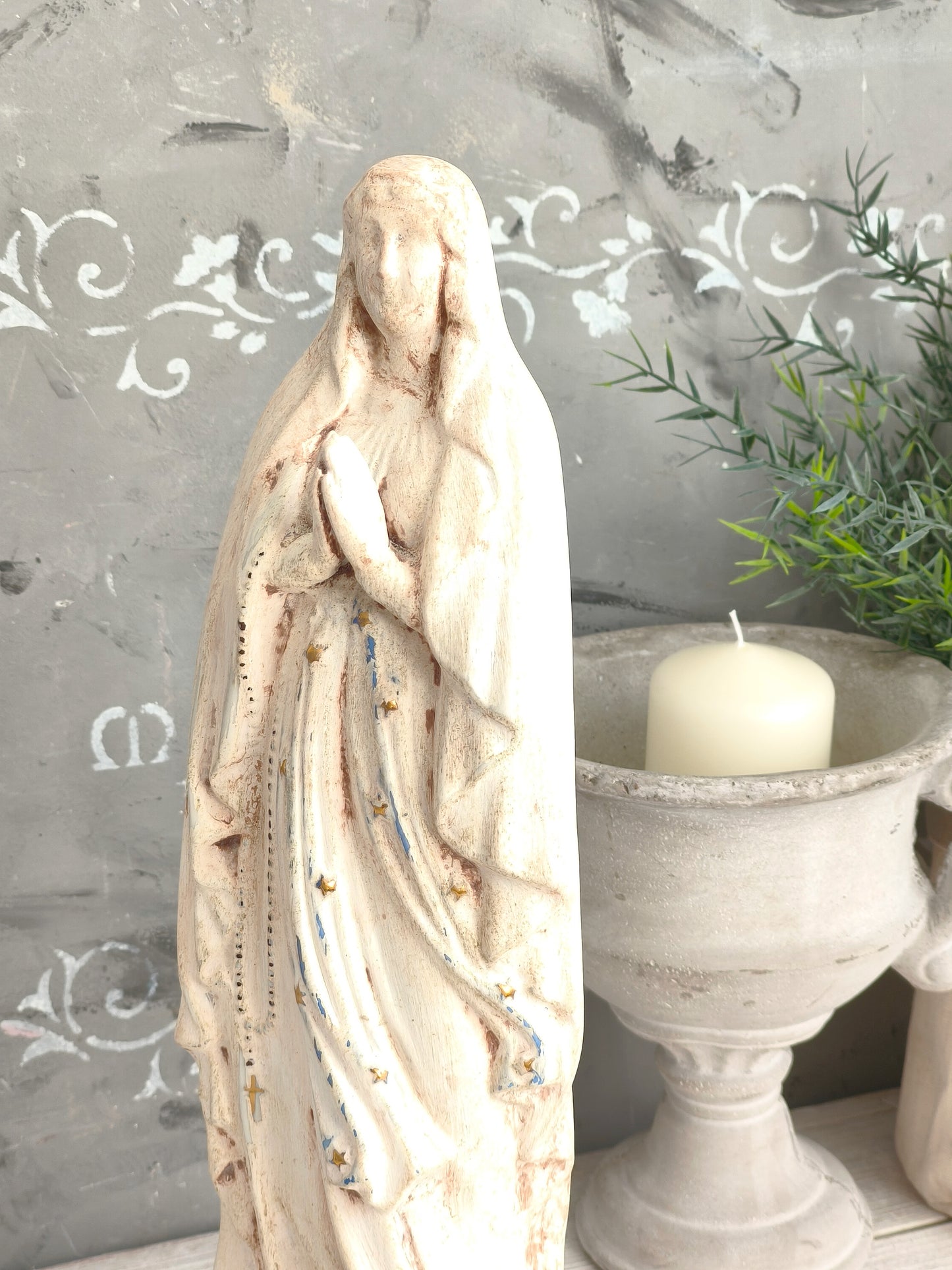 Vintage French Chalkware Madonna Statue, Plaster Virgin Mary Sculpture
