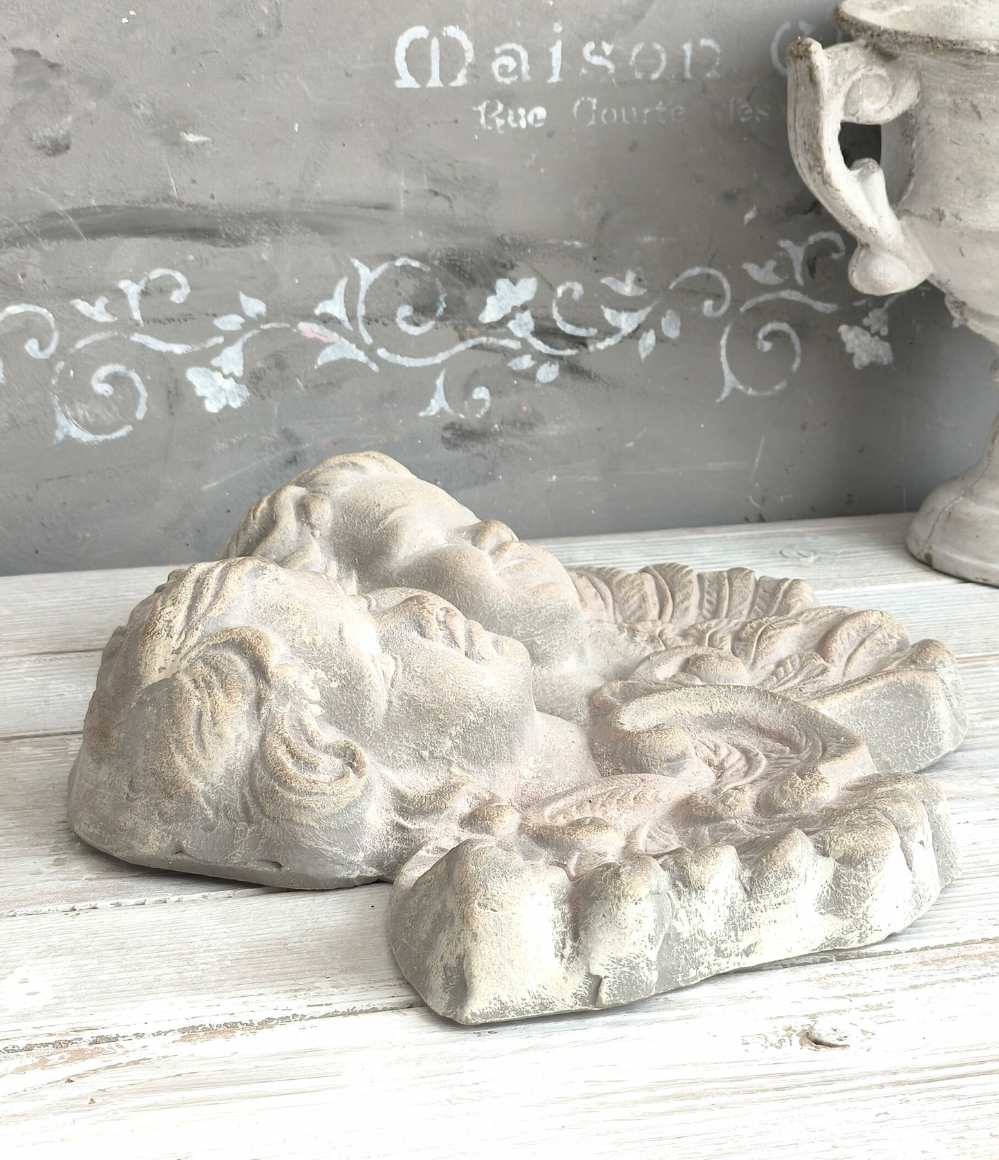 Large Plaster Cherubs Head Wall Sculpture, Bas Relief Chalkware Putti Angels, Shabby Chic Decor