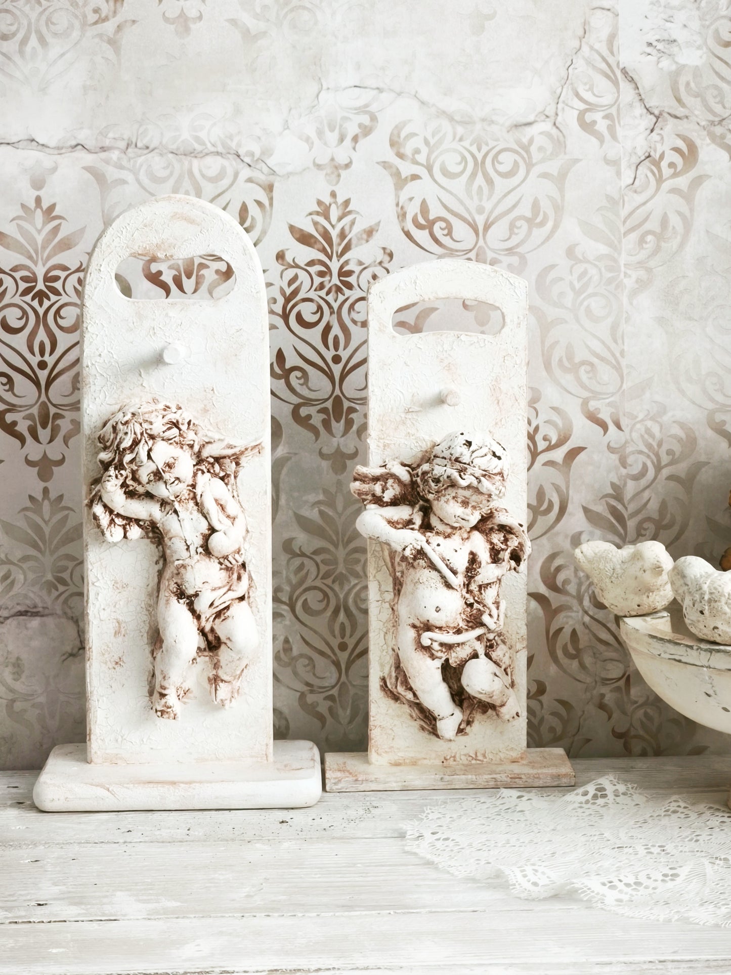 Plaster Cherub Sculpture on Stand, Chalkware Angel Statue