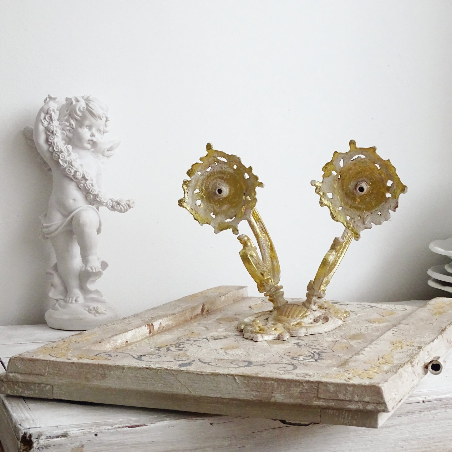 Antique Wall Iron Candle Sconce on Wooden Plaque