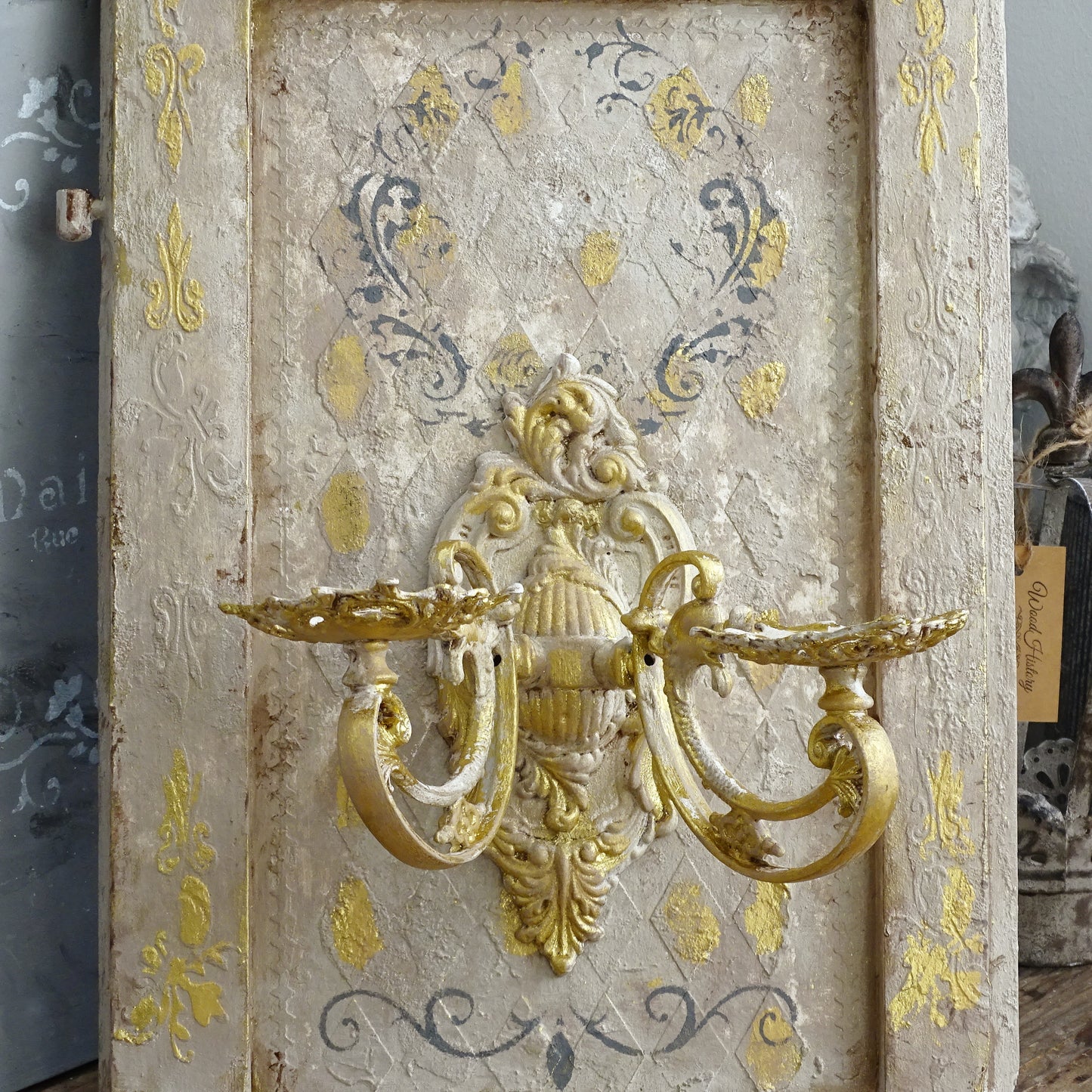 Antique Gilded French Wrought Iron Double Candle Sconce, Shabby Chic Wall Holder