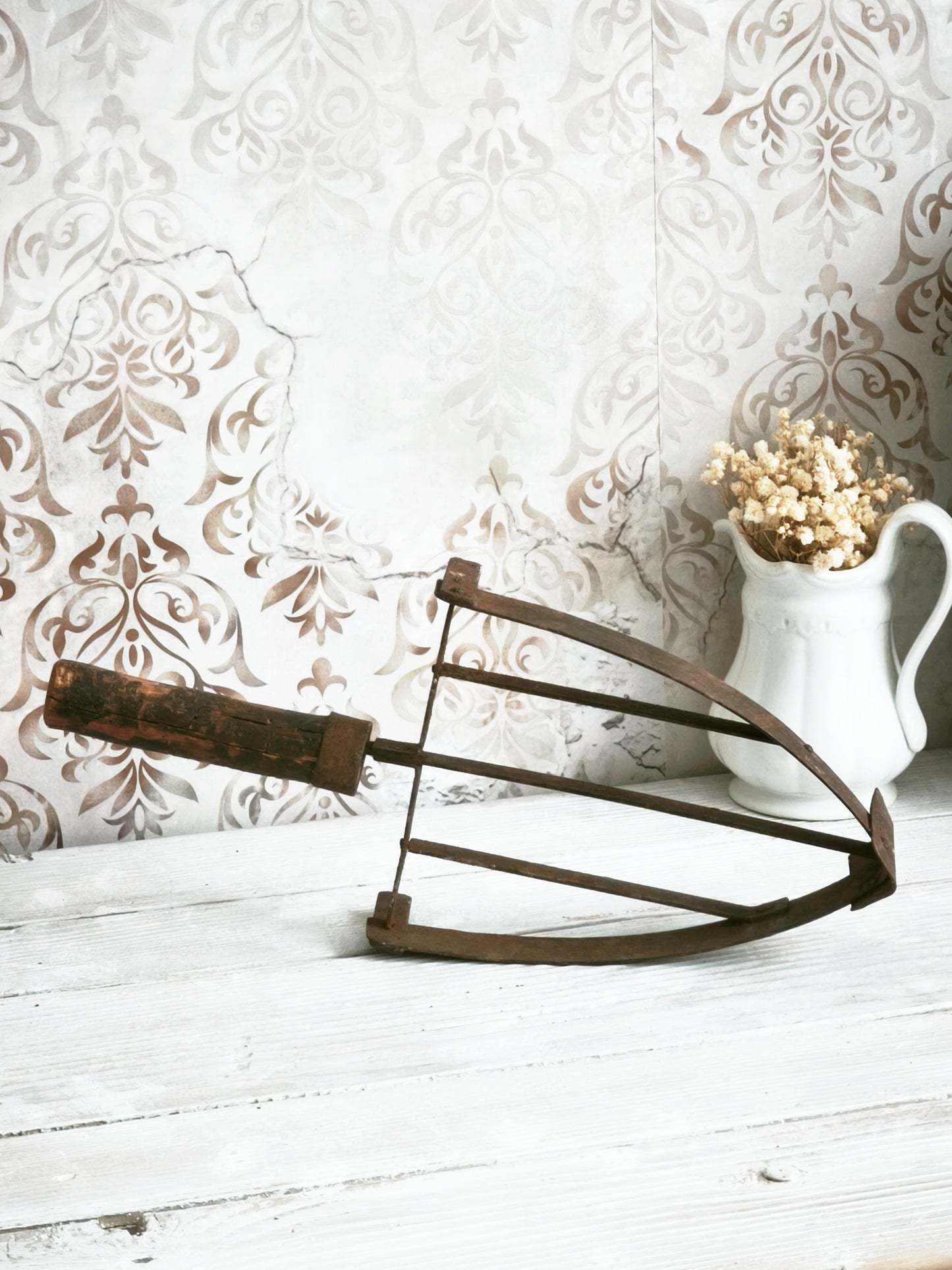 Antique Hand Forged Iron Trivet Wooden Handle