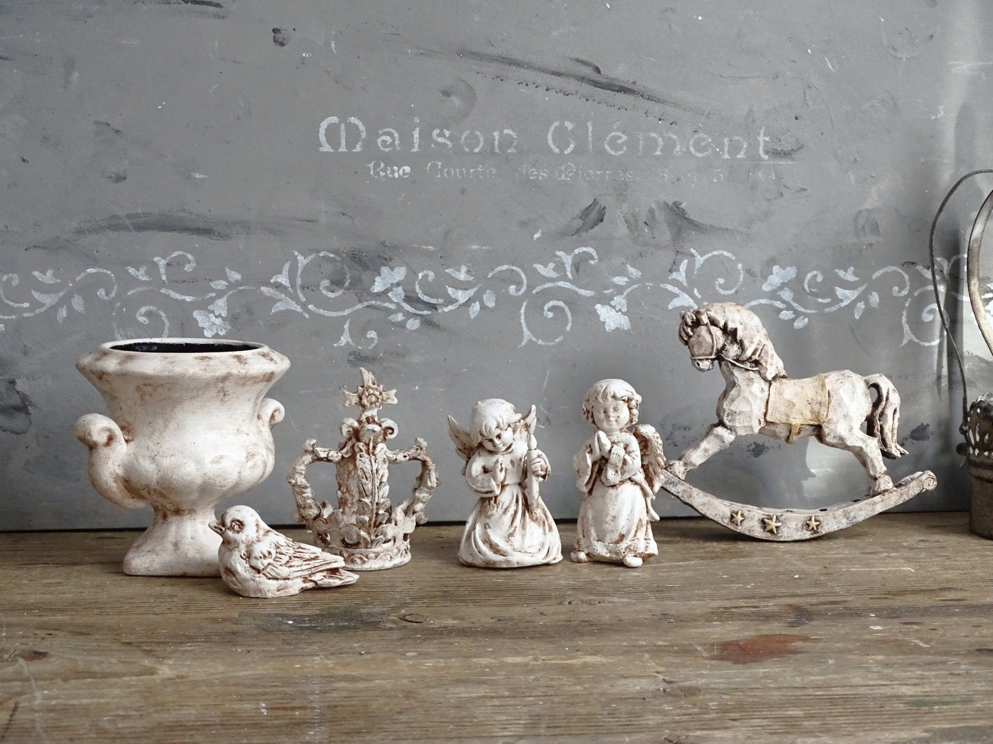 Aged Figurine Cherub, Crown, Rocking Horse, Bird, Urn Vase, Shabby Chic Decor