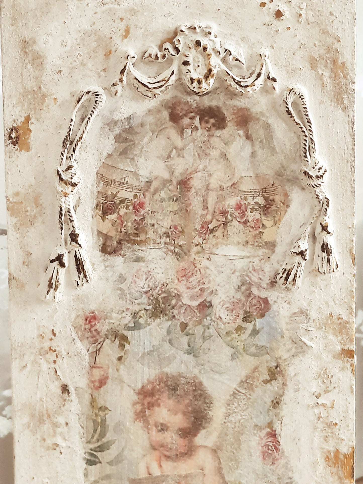 Baroque Cherub Angel French Wall Panel, Floral Cherub Picture Plaque, Shabby Chic Brocante Pediment, Antique Victorian Rococo Style Wall Art