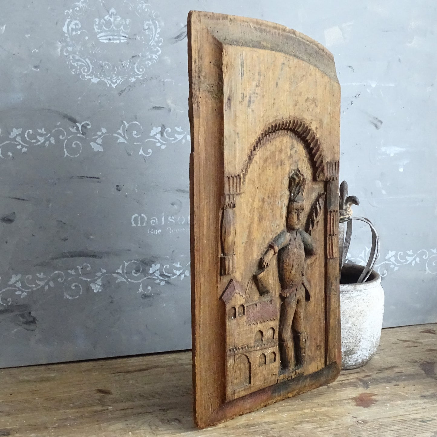 Saint Florian Hand Carved Wooden Panel, Rustic Primitive Carving Folk Art Plaque