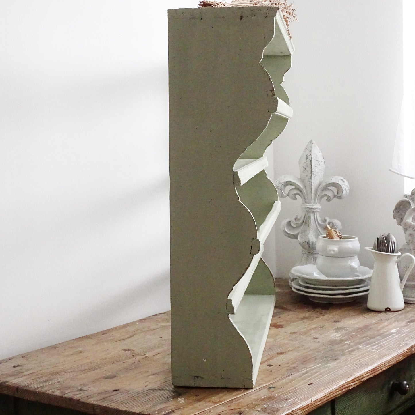 Green Wood 3-Tier Wall Plate Rack: Shabby Chic Farmhouse Display Shelf