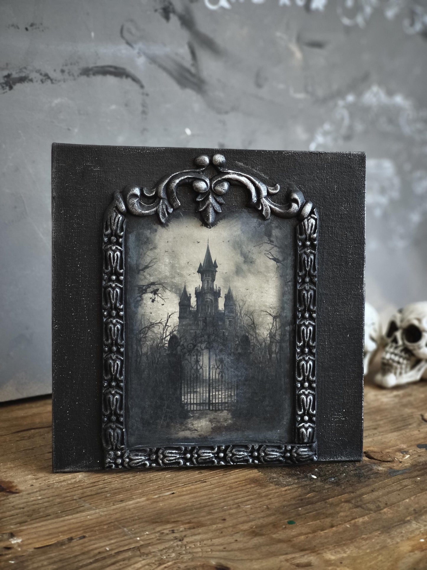 Moonlit Haunted Castle, Gothic Original Artwork on Wood, Hand Painted, Hand Lettered