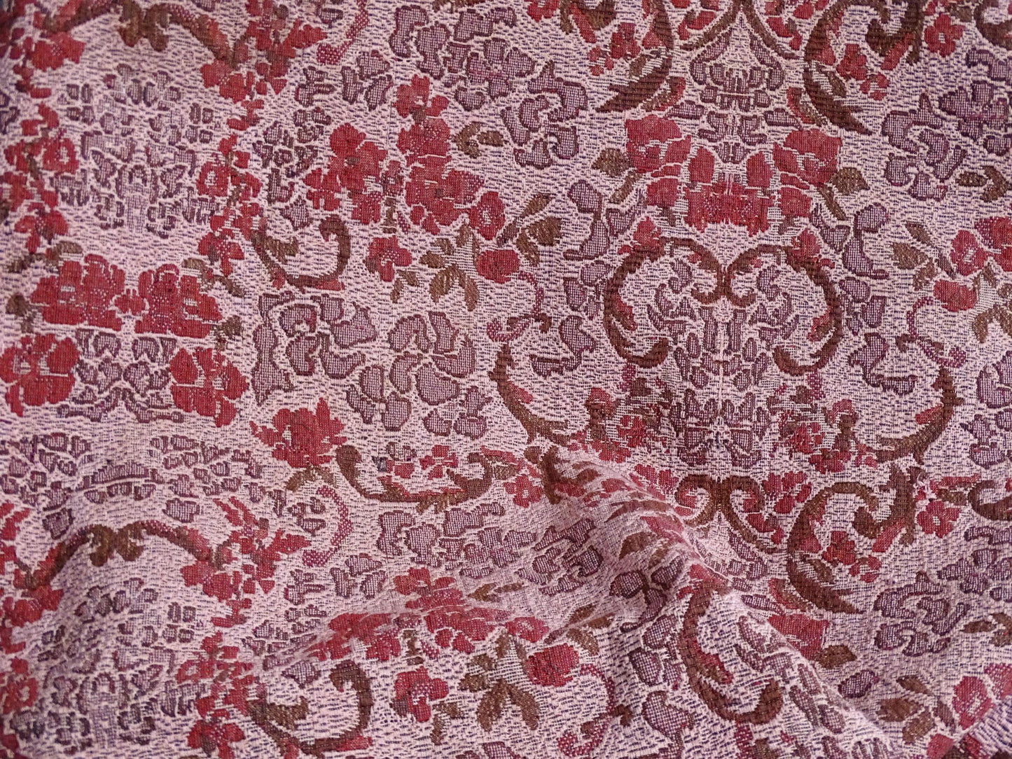 Maroon Pink Jacquard Floral Tapestry, Woven Cotton Summer Blanket, French Country Textile Wall Hanging