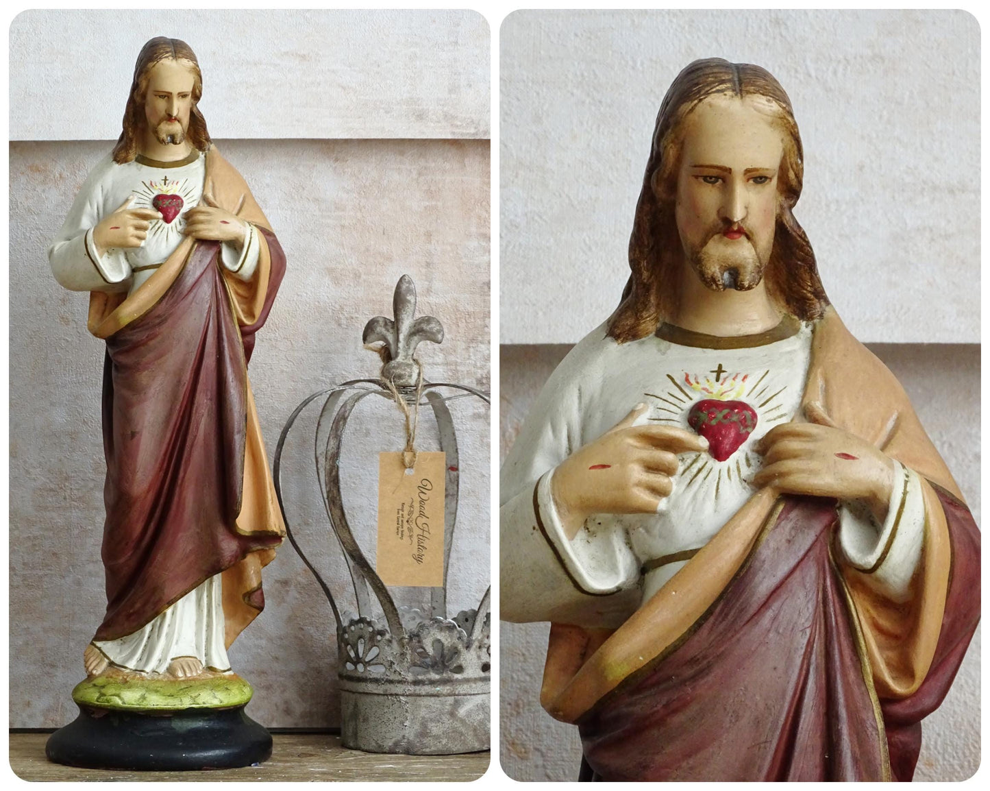 Antique Sacred Heart Jesus Statue: Plaster Hand-Painted Chalkware, Catholic Statuary