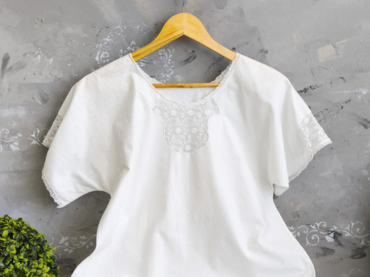 French Lace Summer Dress Short Sleeve L size: Vintage White Cotton Chemise, Nightgown, Handmade Long Cutwork Dress