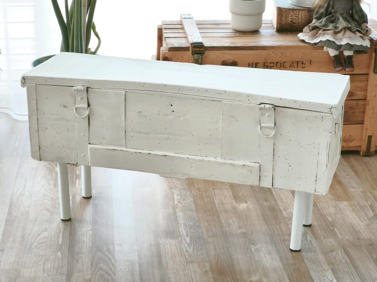 Antique White Wood Storage Bench: Shabby Chic Farmhouse Trunk, Industrial Legs