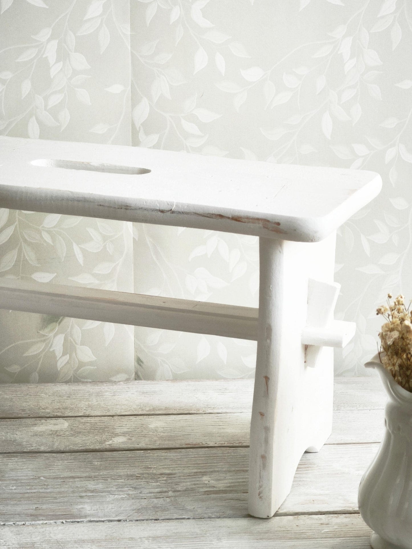 Primitive White Wood Step Stool: Rustic Modern Farmhouse Decor, Plant Stand