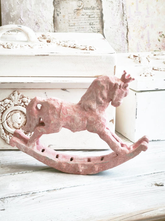 Pink Rocking Horse Figurine with Crown, Distressed Resin Sculpture, Shabby Chic Decor
