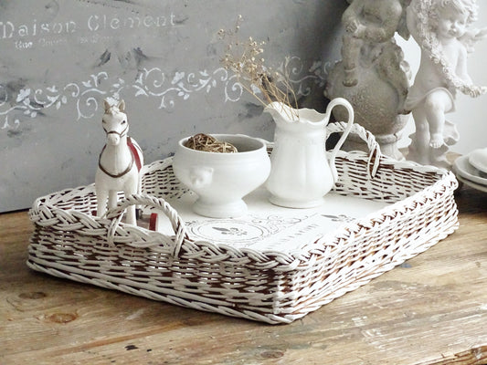 White Wicker Serving Tray Shabby Chic Large Round Oval Rattan Tray Painted Distressed Tray Vanity Trinket Tray French Country Cottage Decor
