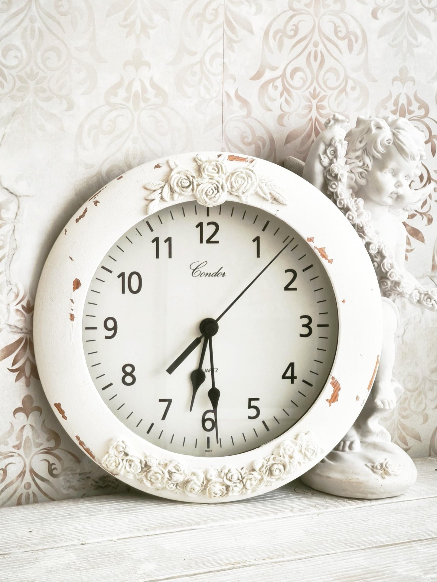 White Wood Wall Clock with Clay Flowers, Shabby Chic Ornate Floral Home Decor