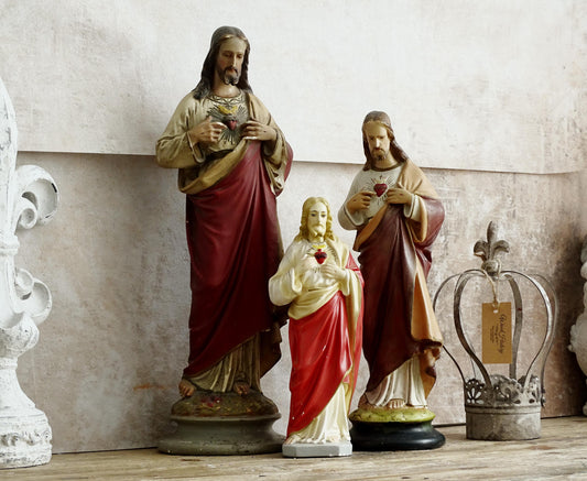 Antique Sacred Heart Jesus Statue: Plaster Hand-Painted Chalkware, Catholic Statuary