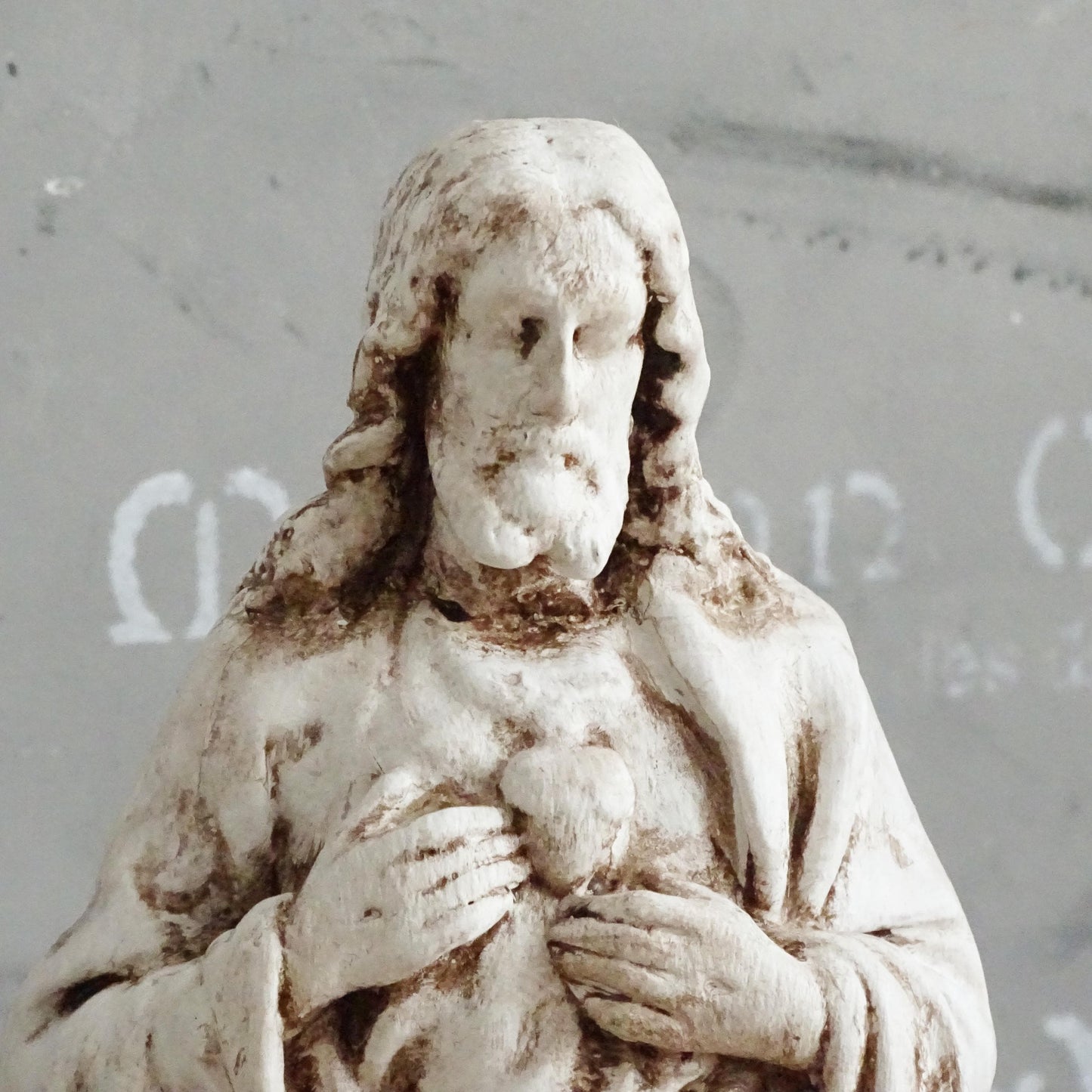 Antique Sacred Heart Jesus Statue: Plaster Hand-Painted Chalkware, Catholic Statuary