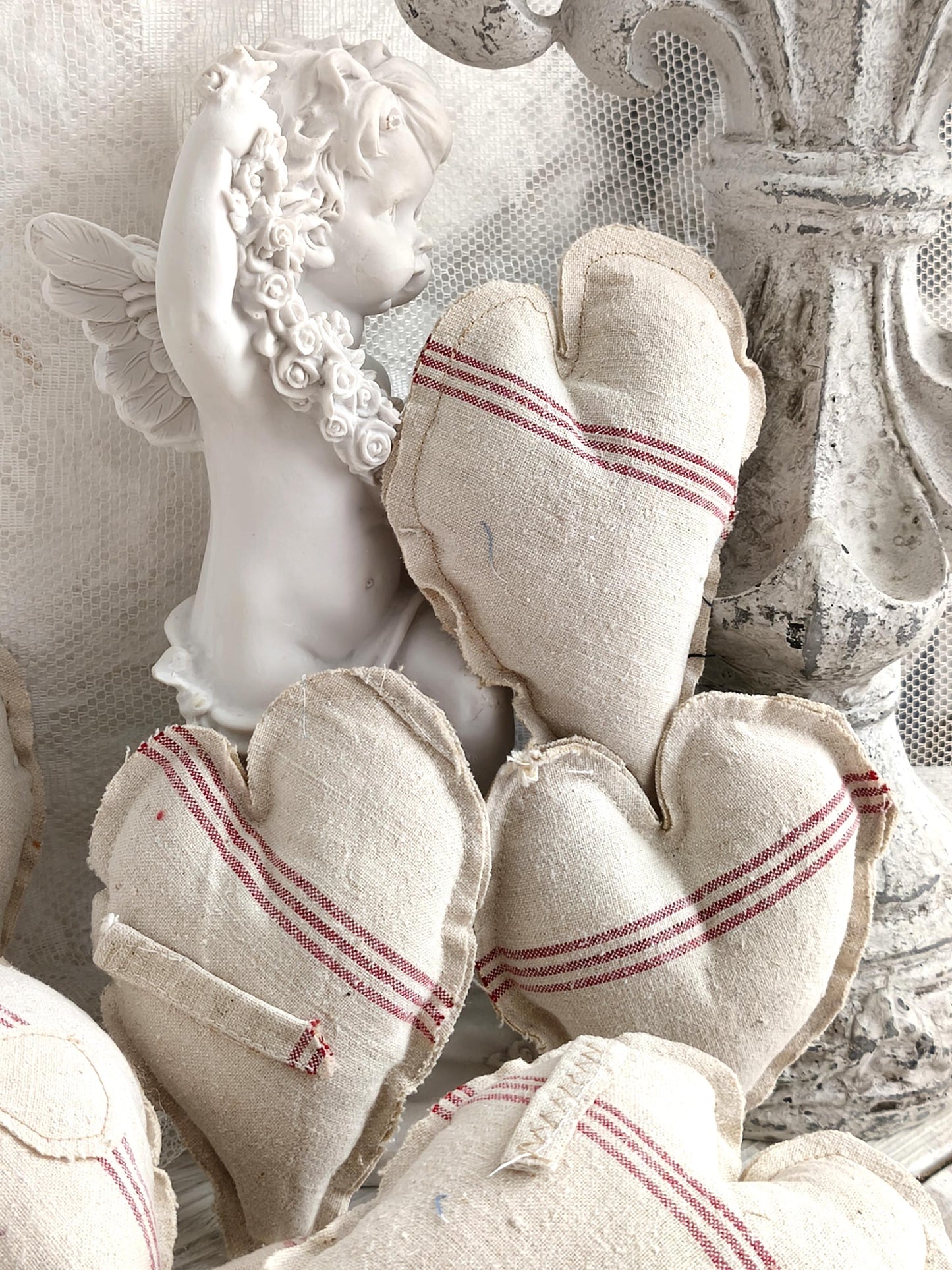 Large Antique Linen Heart Red Stripe, Primitive Farmhouse Cloth Bowl Filler, Wall Hanging Grain Sack Fabric Stuffed Valentine Heart Ornament