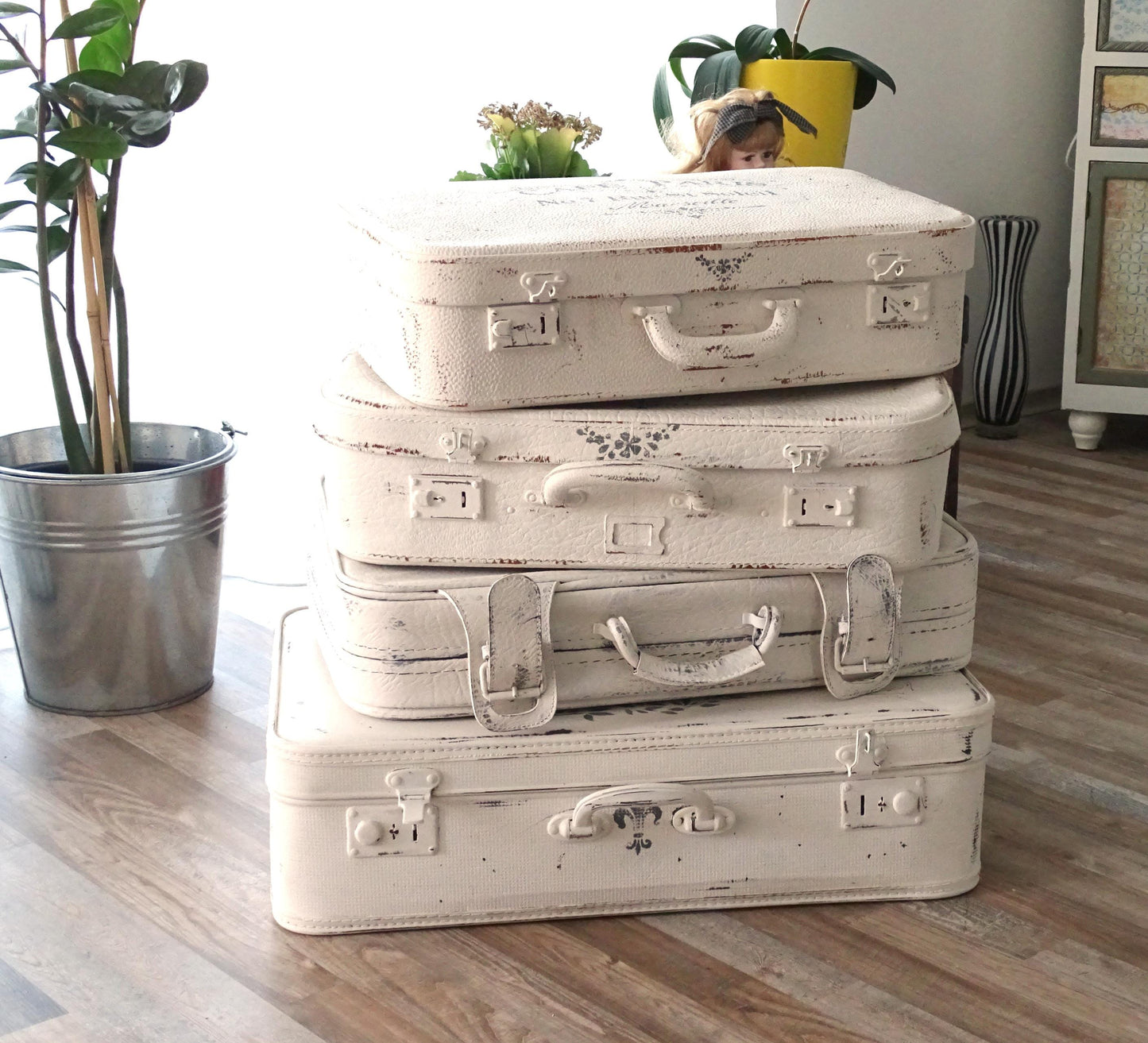 White or Gray Suitcase, Shabby Chic Painted French Stackable Travel Luggage Leather Suitcase, Wedding Cards Storage Organizer