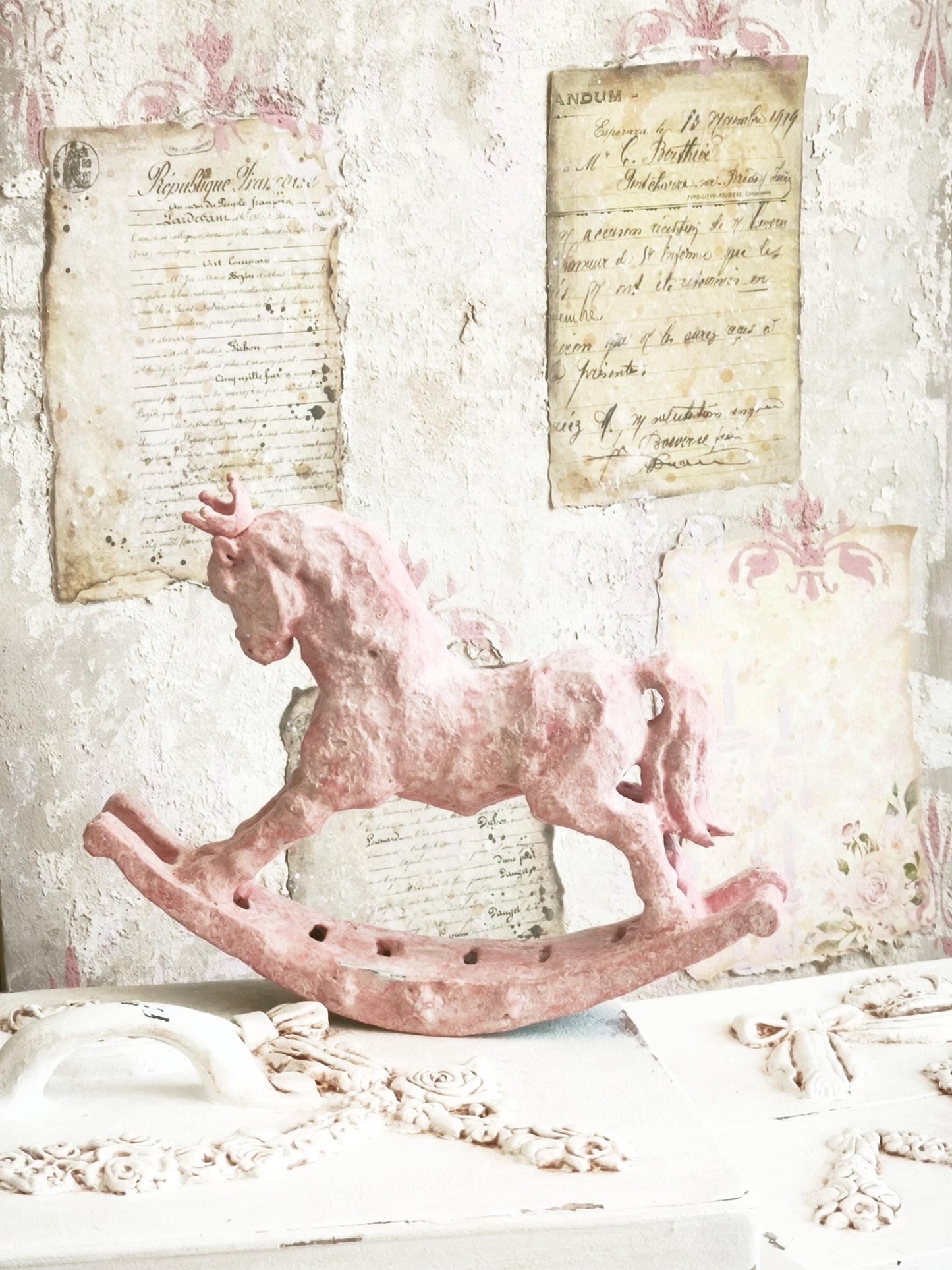 Pink Rocking Horse Figurine with Crown, Distressed Resin Sculpture, Shabby Chic Decor