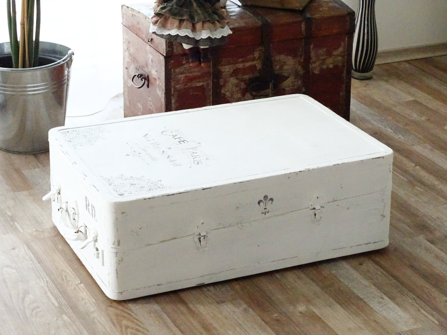 Antique White Wardrobe Travel Trunk, Large Suitcase