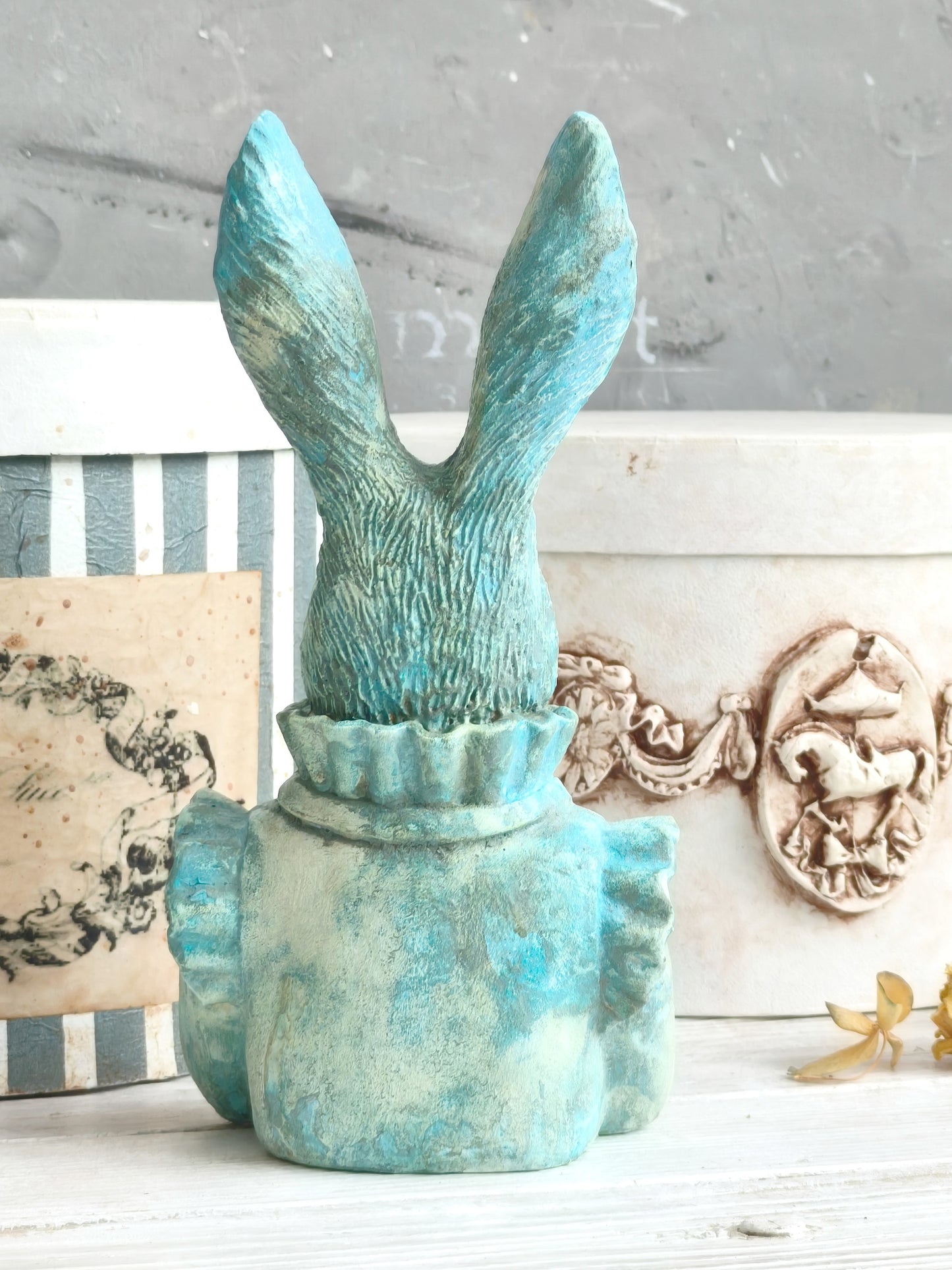 Turquoise Blue Rabbit Hare Bust Statue, Figurine, Ornament, Shabby Chic Decor