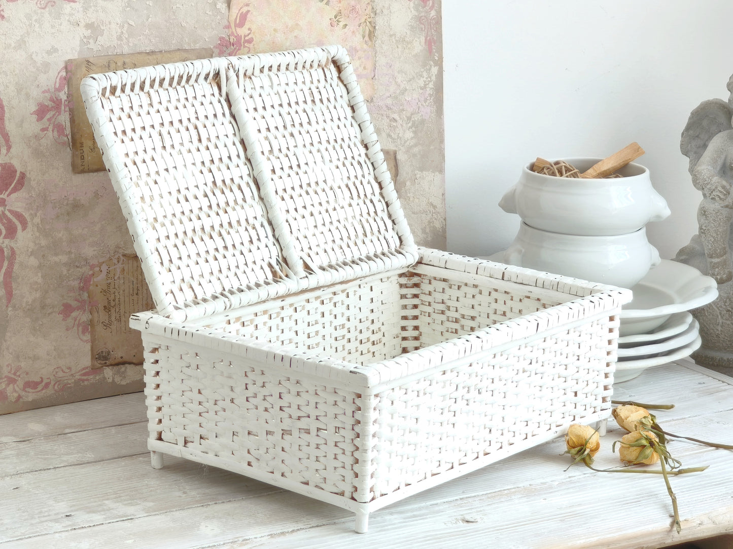 White Wicker Basket with Roses, Lidded Box