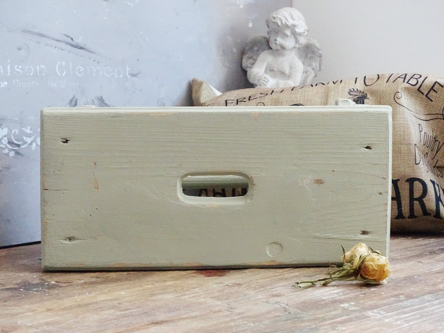 Distressed Green Wood Step Stool, Primitive Farmhouse Milking Stool, Plant Stand Bench